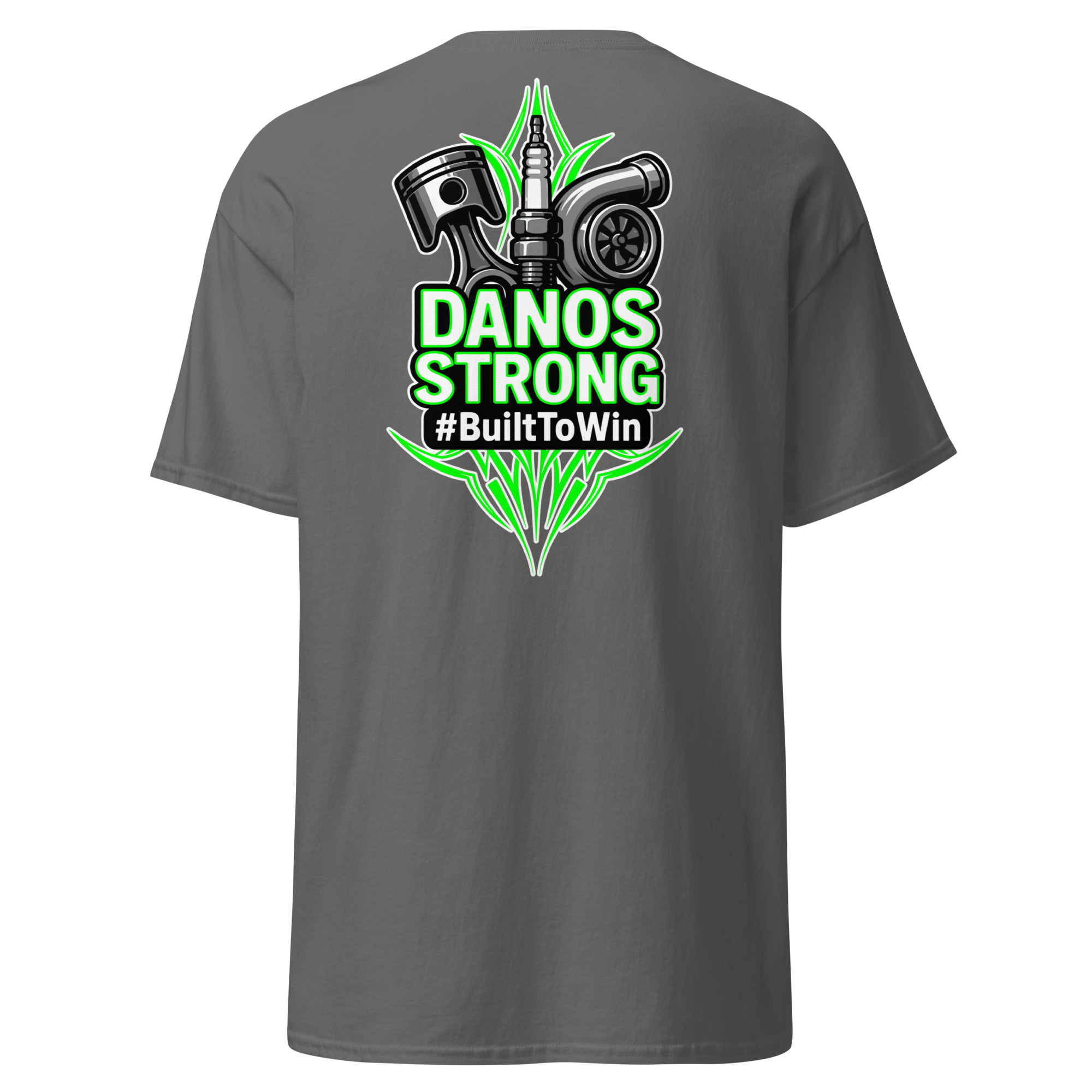 Danos Strong fundraiser shirt in charcoal - back print