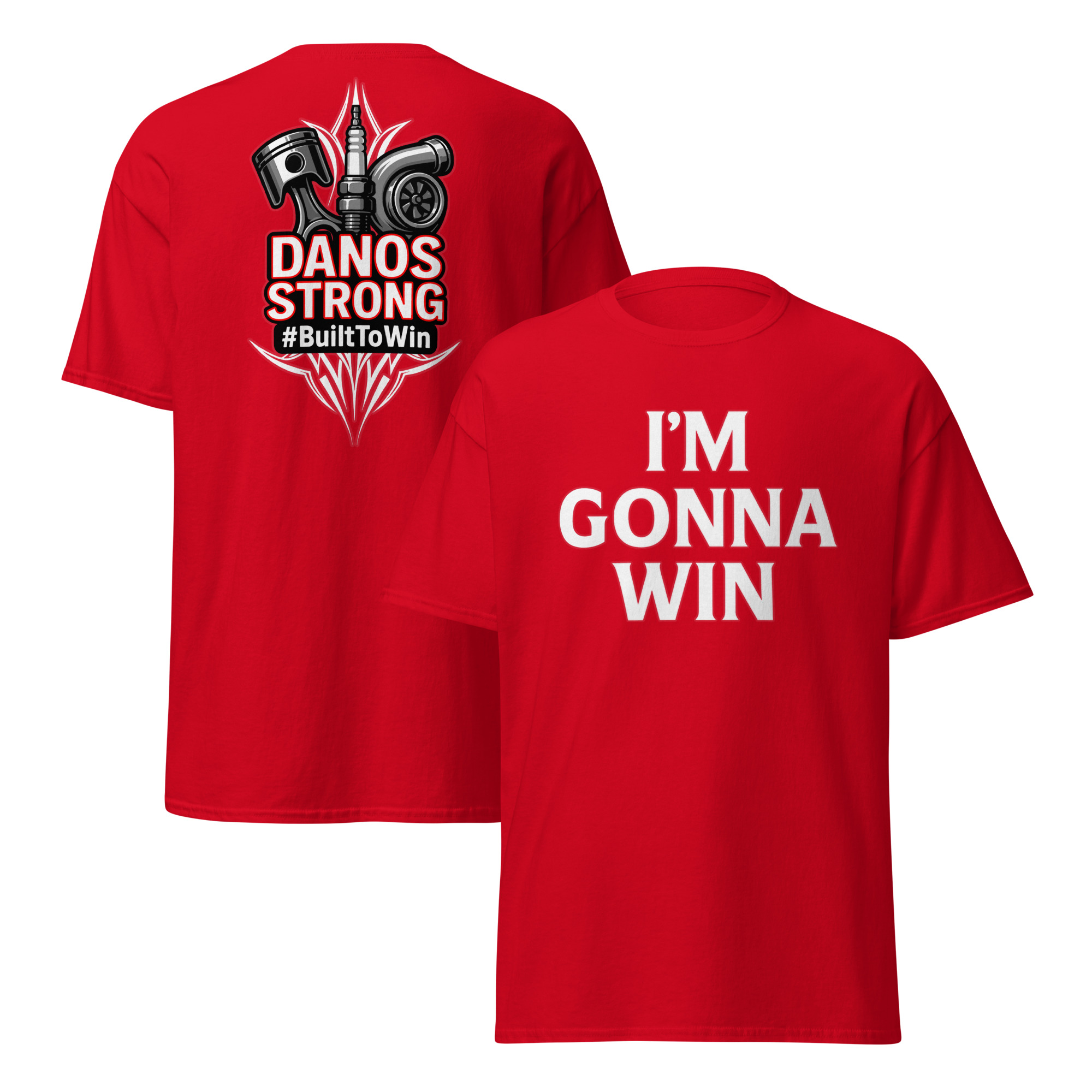 Danos Strong fundraiser shirt in red - front & Back print